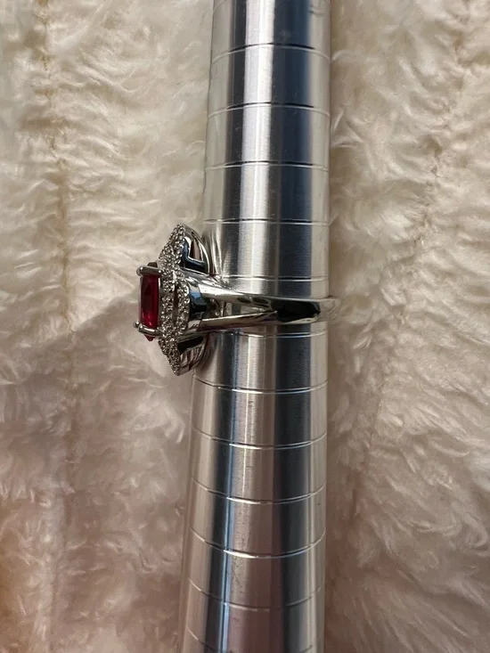 Silver Floral Halo Ring with Red Oval Gem - Picture 5 of 6